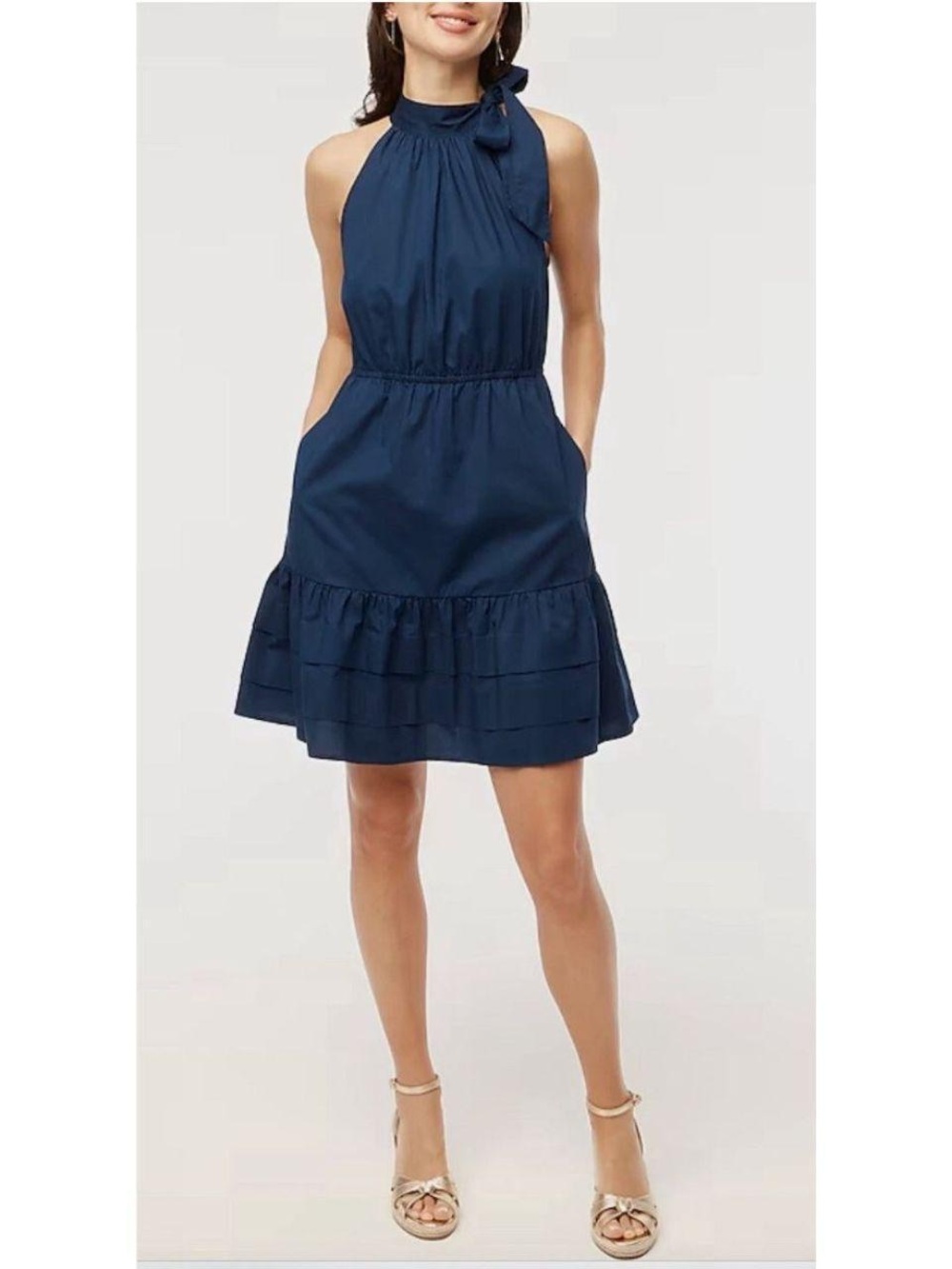 J.Crew Navy Blue Cotton Halter Neck Mini Dress with Pockets | Size 4